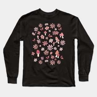 Pink, peach and Blush Pink Flowers Butterflies and Mushrooms Cottagecore Aesthetic Long Sleeve T-Shirt